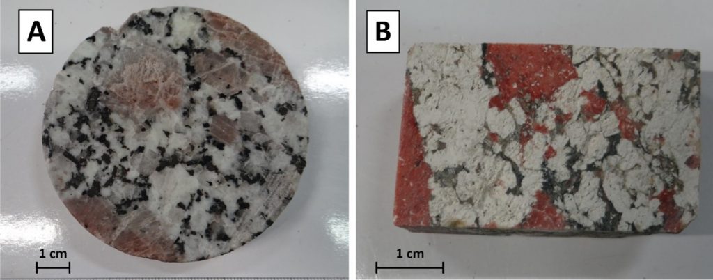 A. Fresh monzogranite sampled at 1774.5 m depth); B. Hydrothermally altered granite showing argillic alteration sampled at 2159.30 m depth