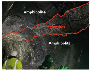 Photo showing people in the Wolfsberg mine in Austria, looking at pegmatite dyke containing spodumene